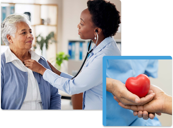 Doctor examining elderly woman's heart health during consultation.