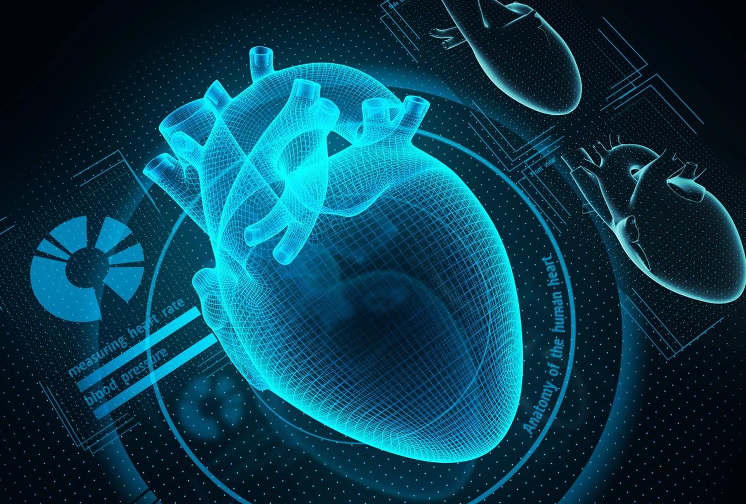 3D digital rendering of a human heart with futuristic medical interface.
