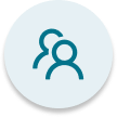 Blue circular icon with two abstract human figures inside.