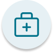 Blue medical kit icon with a white cross symbol.