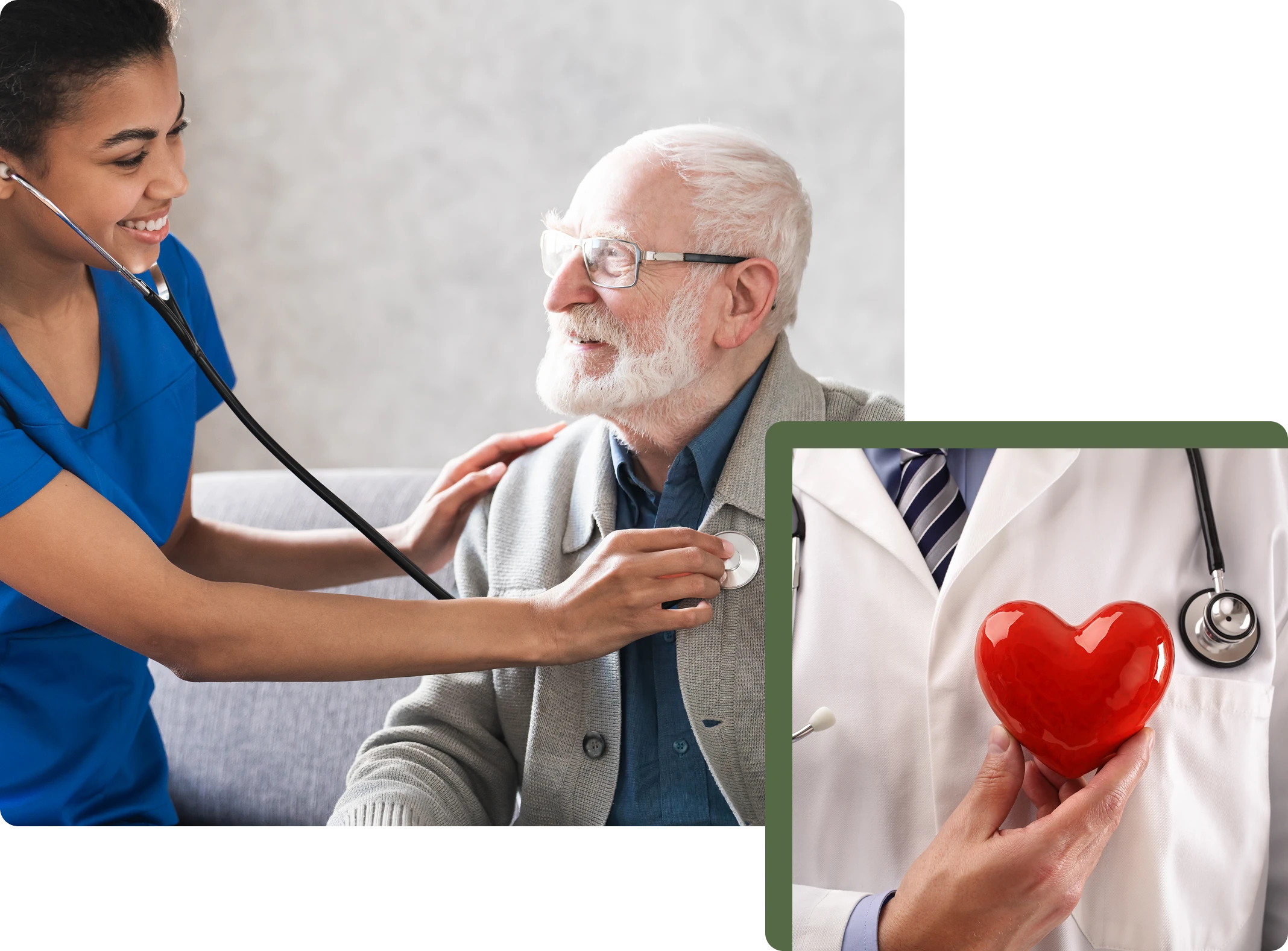 Doctor checking elderly man's heart with stethoscope during health exam.